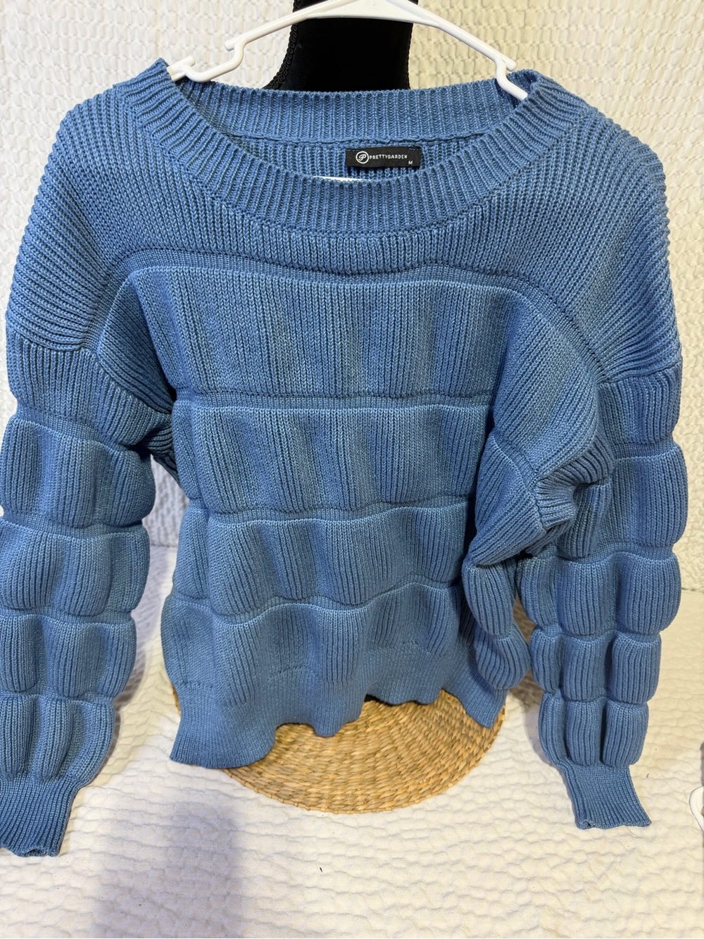 Textured Blue Bubble-Sleeve Crewneck Sweater